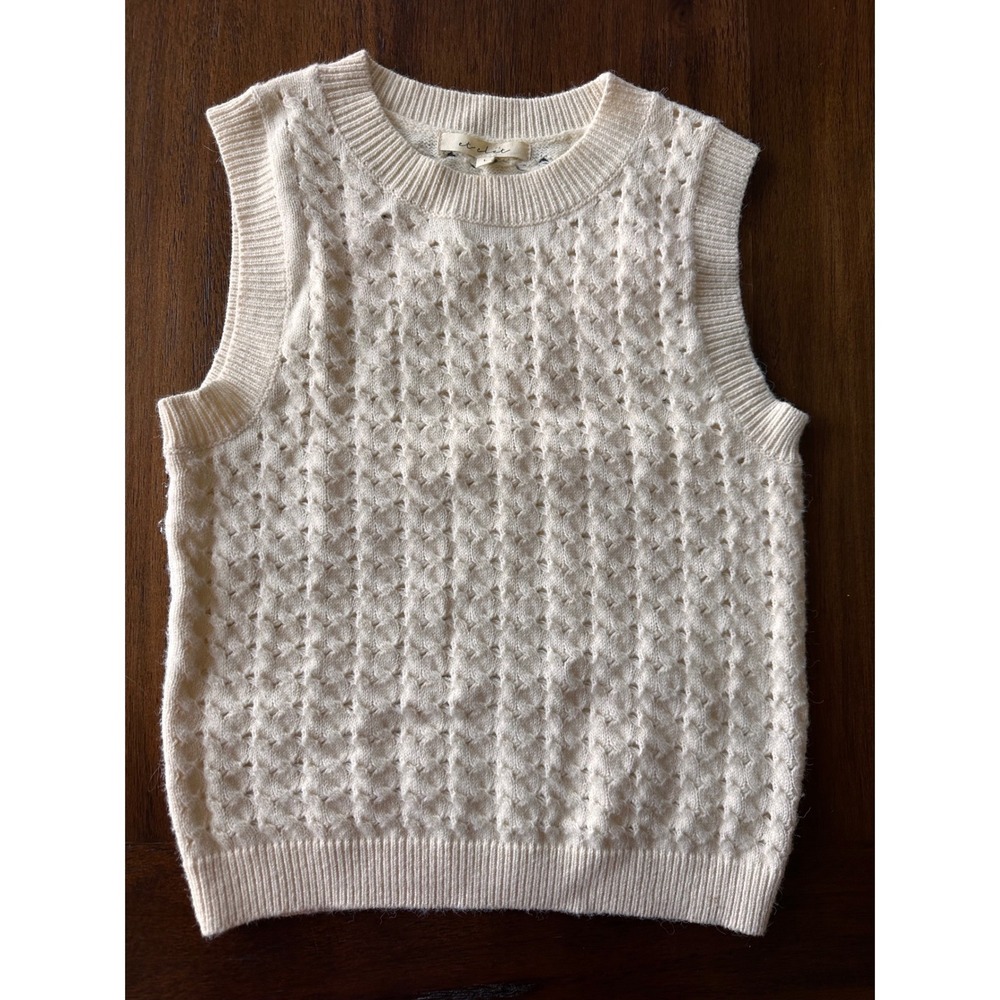 Et Dit Cream Pointelle Knit Sweater Vest Sleeveless Crew Neck Ivory Large C3593T